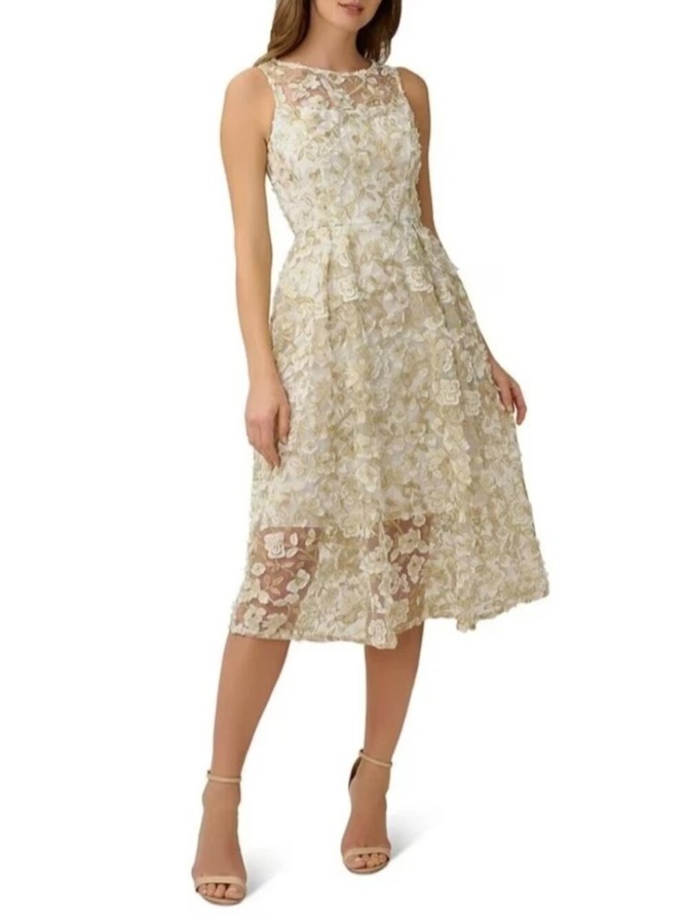 Adrianna Papell Ivory Gold 3D Floral Embroidered Midi Dress